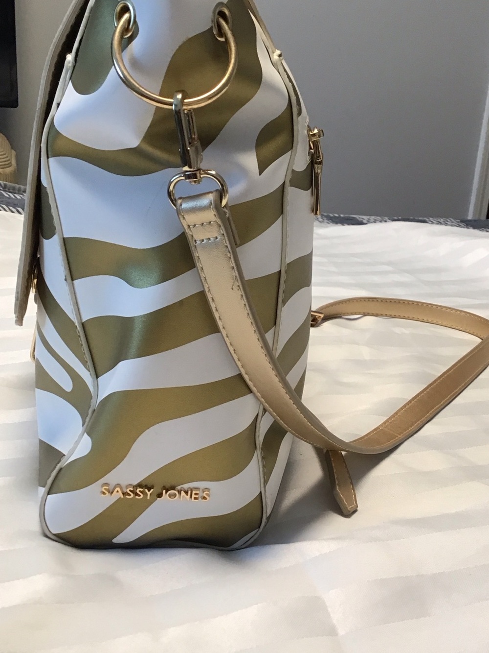 Sassy Jones White & Gold Zebra Print Crossbody Bag